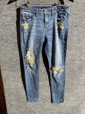 Bebe Jeans Womens 34 Blue Medium Wash Distressed Skinny Stretch Rhinestone Denim